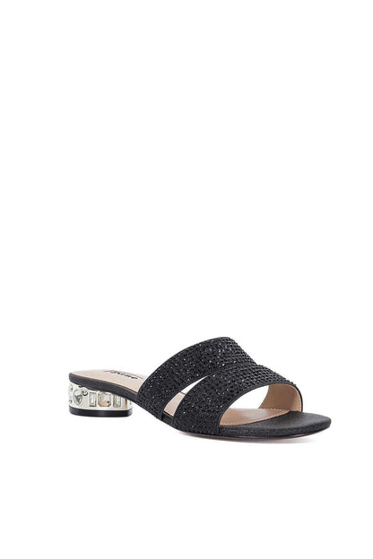 Black open-toe slide sandal with slim jeweled heel and textured strap