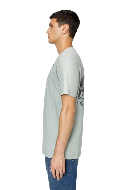 Diesel sage T-shirt side view with short sleeves and crew neck
