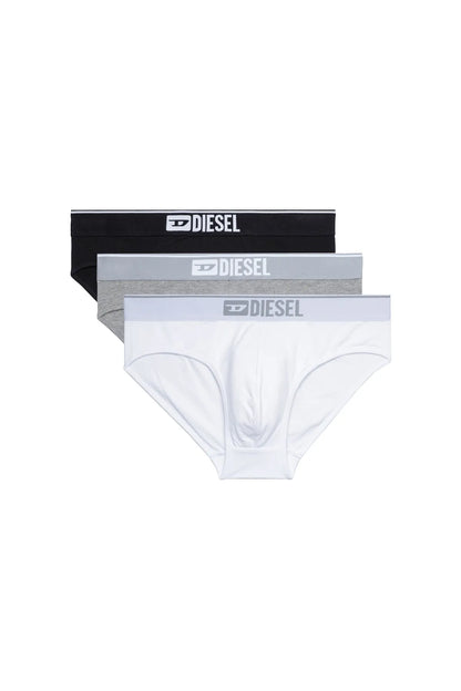 Three-pack men's briefs in black, white, and gray with Diesel logo waistband