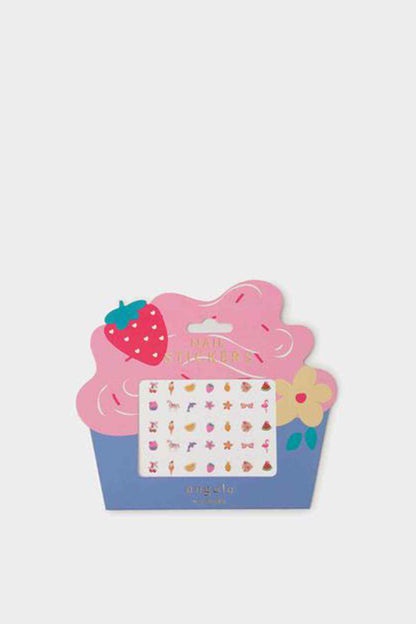 Cupcake-shaped sticker holder with a rectangular sheet of colorful stickers