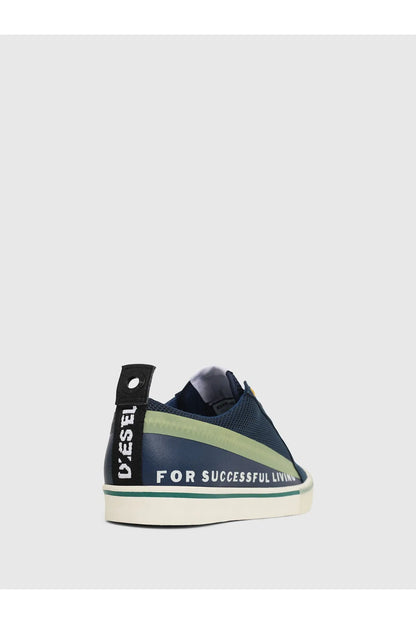 Diesel low-top sneakers with heel tab, dark blue upper, green stripe, and cream sole
