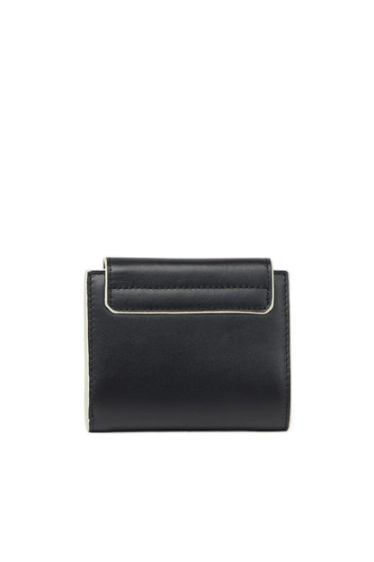Black leather bifold wallet, plain front with stitched edge and snap button