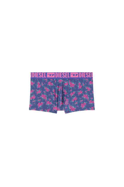 Men's boxer shorts close-up: blue floral print, logo waistband, front drawstring