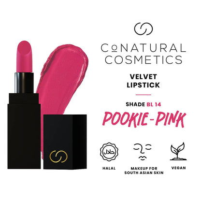 Conatural velvet lipstick in bright pink with open case and pink swatch