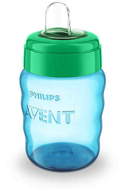 Plastic baby water bottle with carry handle, blue body and green lid.
