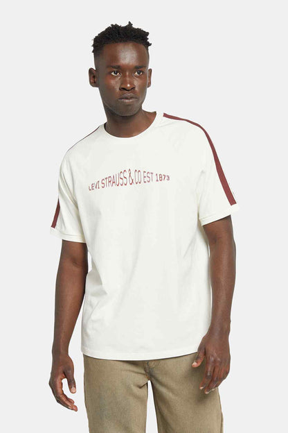 White crewneck T-shirt with small red logo print at center chest