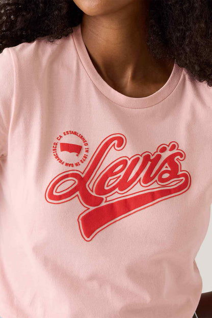 Levi's logo graphic on pink crewneck T-shirt, short sleeves