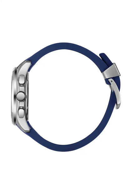 BHPC wristwatch, dark blue silicone strap, silver round case (side view)