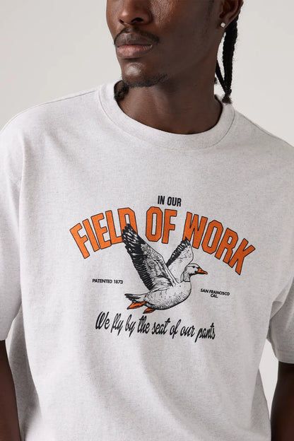 Levi's white crewneck T-shirt, close-up of orange 'Field of Work' logo