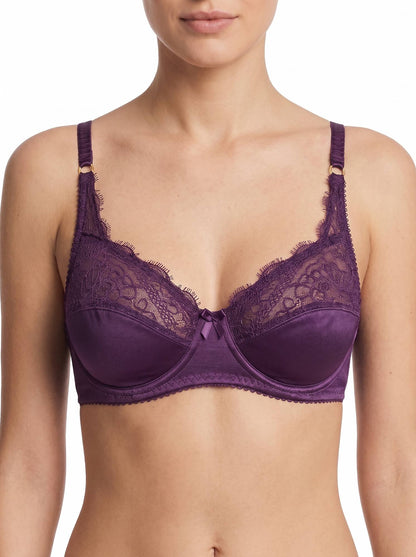 Women's purple lace-trim underwire bra with adjustable straps