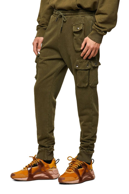Olive cargo jogger pants with multiple flap pockets and ribbed ankle cuffs
