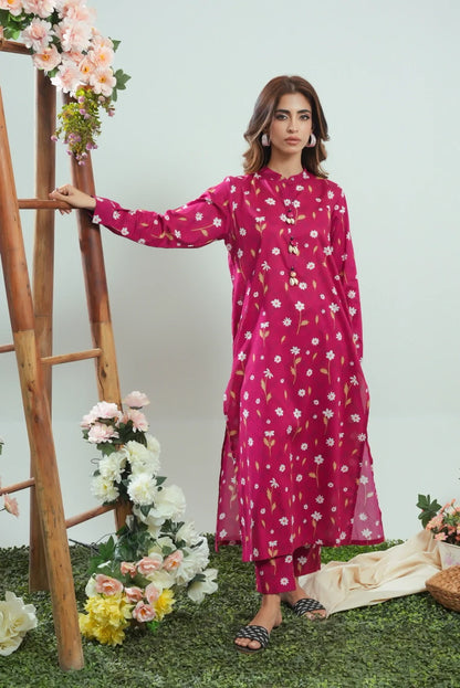 Womenâ€™s magenta floral long kurta dress with long sleeves, ankle-length