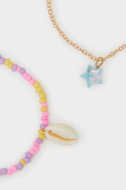 Pastel multi beaded necklace set with shell charm and small star pendant on chain