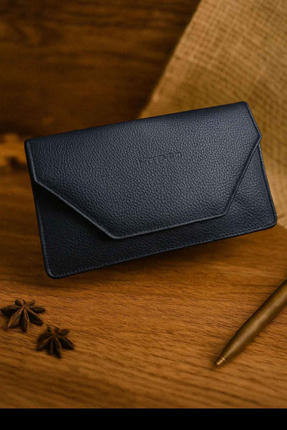 Black leather flap wallet with front foldover and magnetic snap