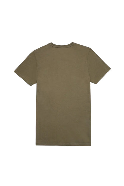 Olive green V-neck T-shirt, back view
