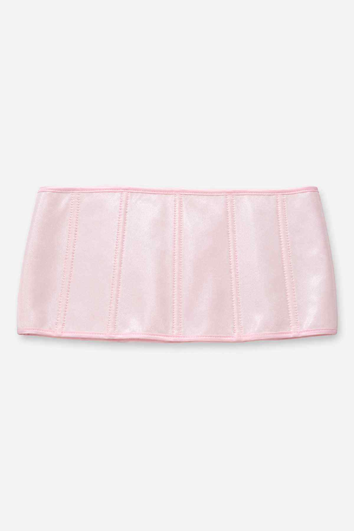 Pink satin bib apron with vertical stitched stripes and rounded top edge
