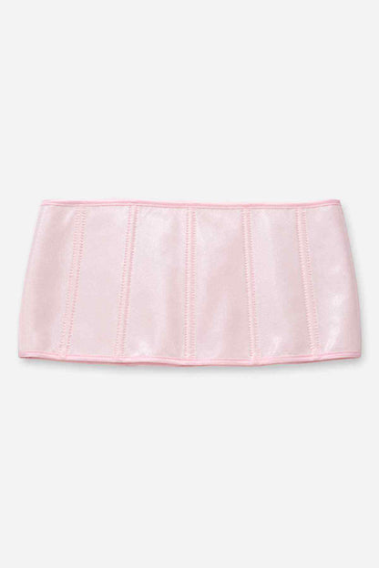Pink satin bib apron with vertical stitched stripes and rounded top edge