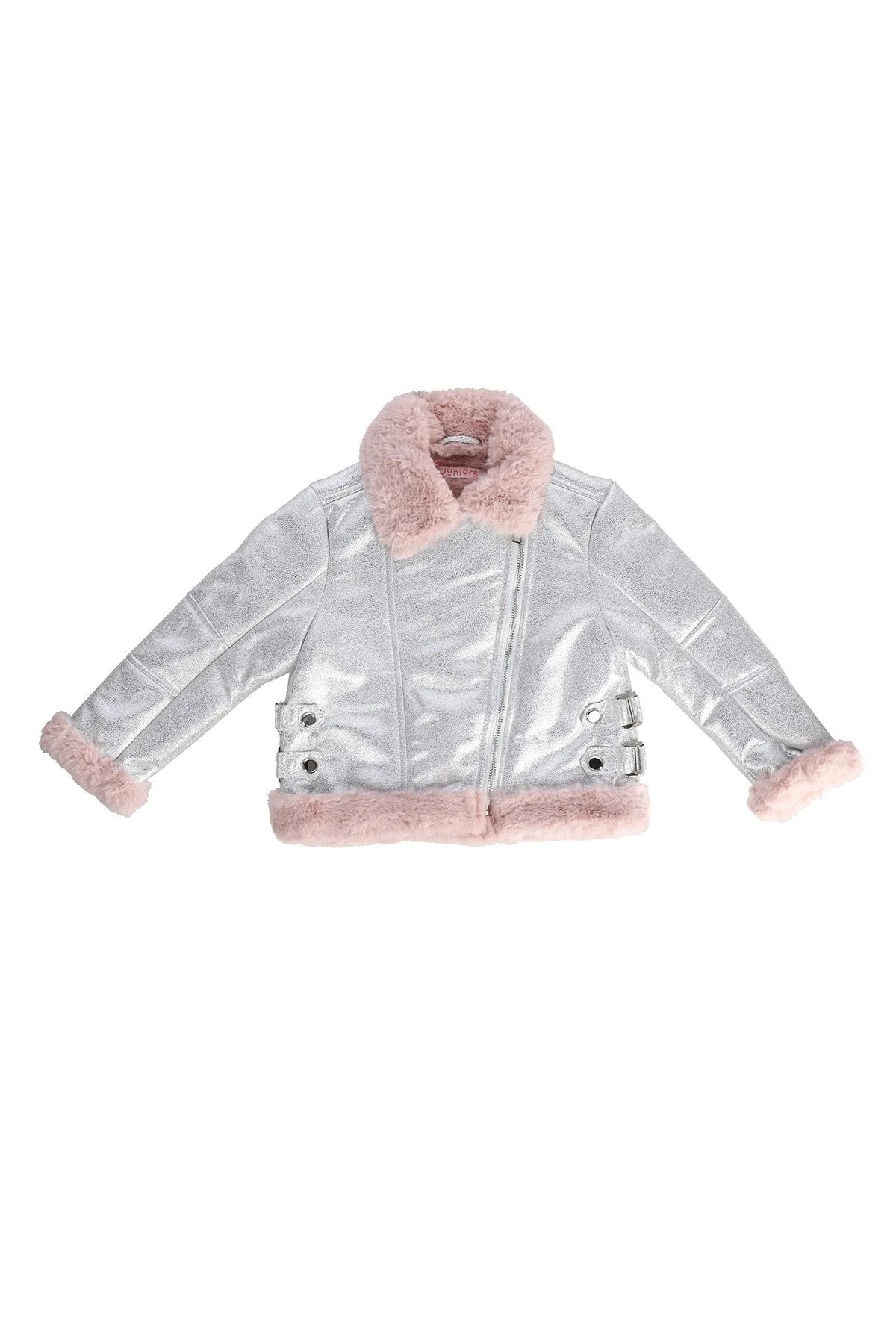Silver baby jacket with pink faux fur hood, cuffs, and zip front