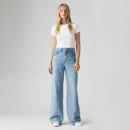Levi's light blue denim wide-leg jeans with straight button fly