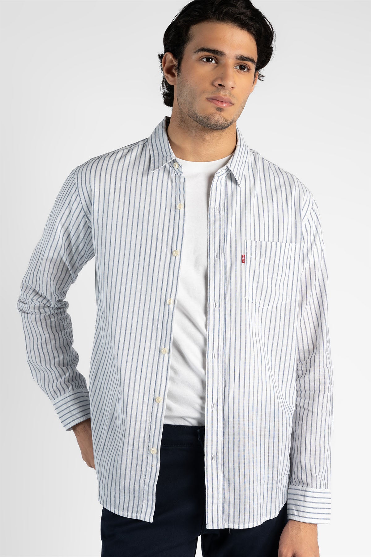 Levi's white striped button-up shirt with chest pocket and long sleeves