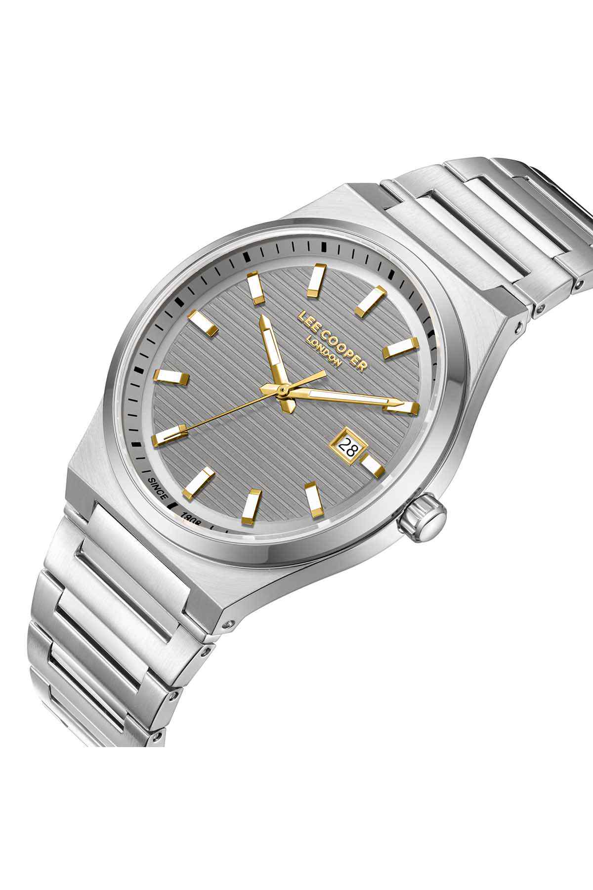 Lee Cooper watch, angled view: silver metal bracelet and round dial with gold indexes