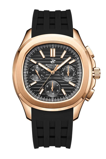 BHPC gold-tone chronograph-style wristwatch with black dial and black rubber strap