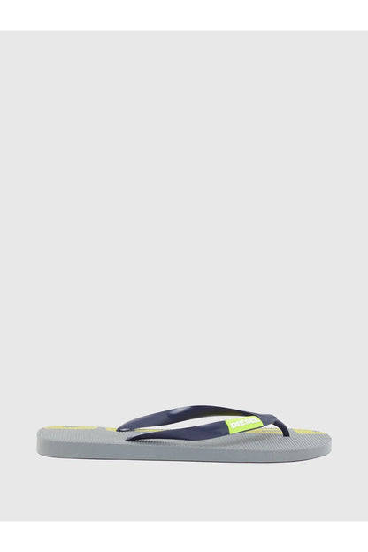 Diesel yellow and navy flip-flops with grey textured straps and cushioned sole