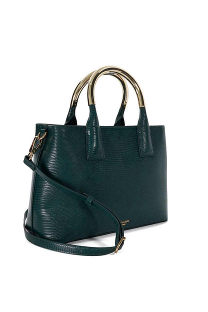 Dark green leather-look tote bag with crossbody strap and gold hardware