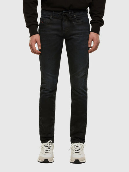 Diesel dark blue slim jeans with lace-up waistband and straight tapered legs