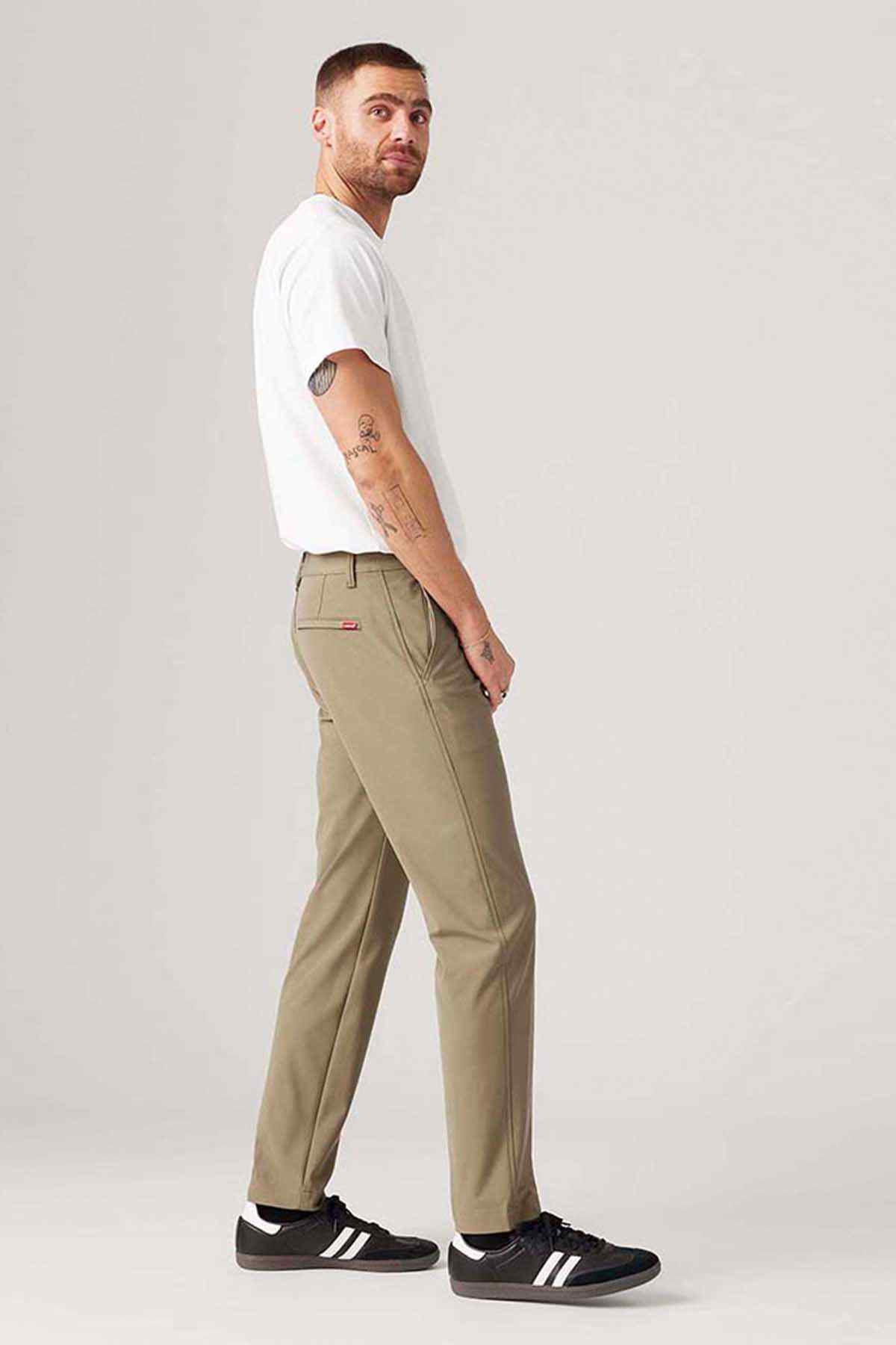 Levi's olive straight-leg pants, side view, belt loops and back pocket