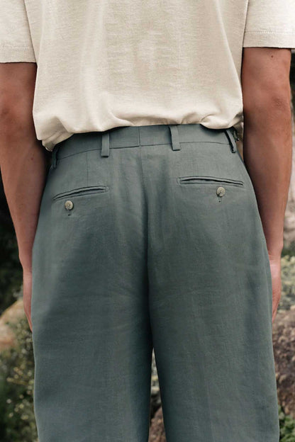 Men's green suit waistband with belt loops and front button tab
