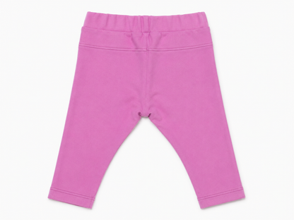 Purple baby leggings with elastic waist and stitched seams