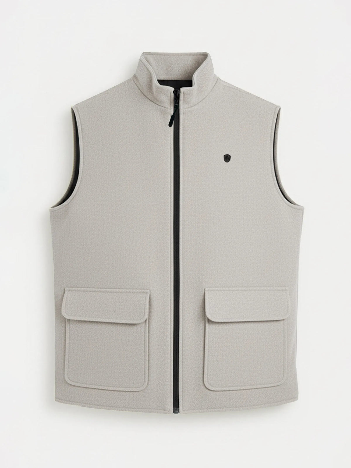 Men's beige zip-front sleeveless vest with two flap chest pockets