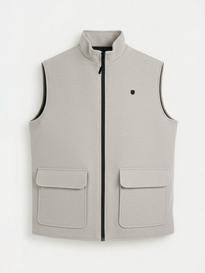 Men's beige zip-front sleeveless vest with two flap chest pockets