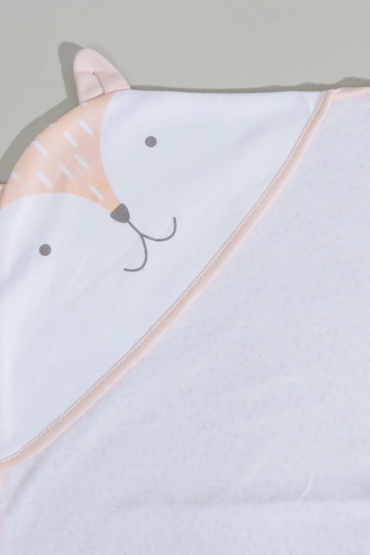 Hooded baby towel corner close-up with rabbit face print and peach trim