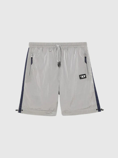 Diesel light gray drawstring shorts with elastic waist, zip pocket, side stripe