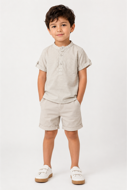 Kids short-sleeve striped henley shirt, button placket, light gray-beige