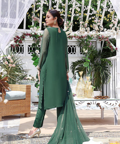 Women’s dark green long tunic with gold embroidery and draped sheer dupatta, back view