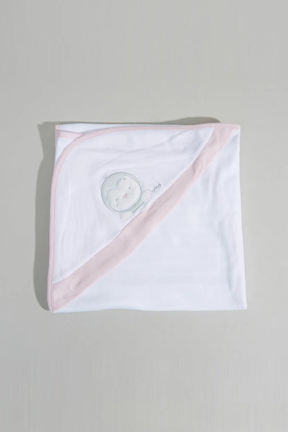 White baby hooded towel with pink hood border and round applique