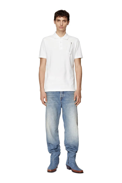 Diesel white polo shirt front with collar and zipper chest pocket