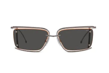 Diesel sunglasses, front view, dark lenses, thin silver frame with orange edge