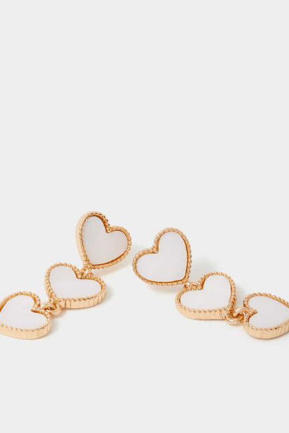 Pearl heart drop earrings with multiple heart charms, gold-tone outline