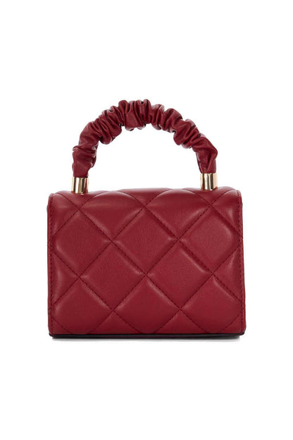 Red quilted handbag with ruched handles and structured top flap