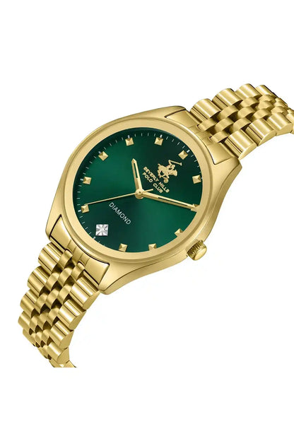 Gold metal wristwatch with green dial, gold hands and hour markers, link bracelet