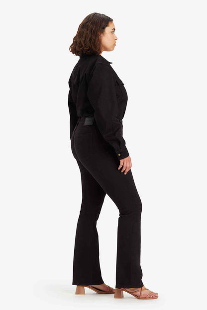 Black straight-leg denim jeans, side view