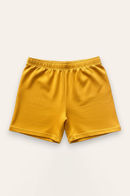 Yellow pull-on shorts with elastic waistband, back view