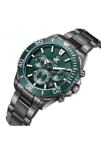 BHPC steel watch, green dial with subdials, angled on metal bracelet