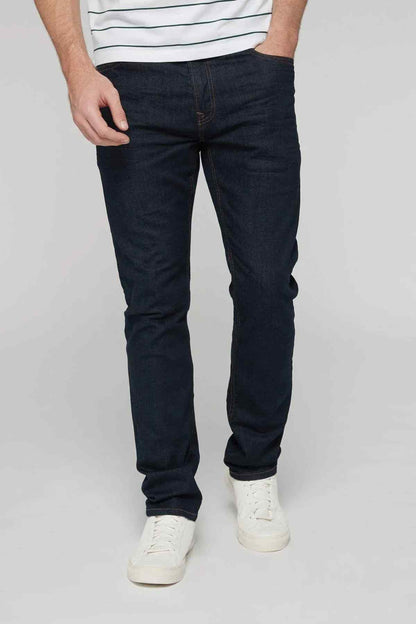Dark navy raw denim jeans with belt loops and five pockets, straight slim leg