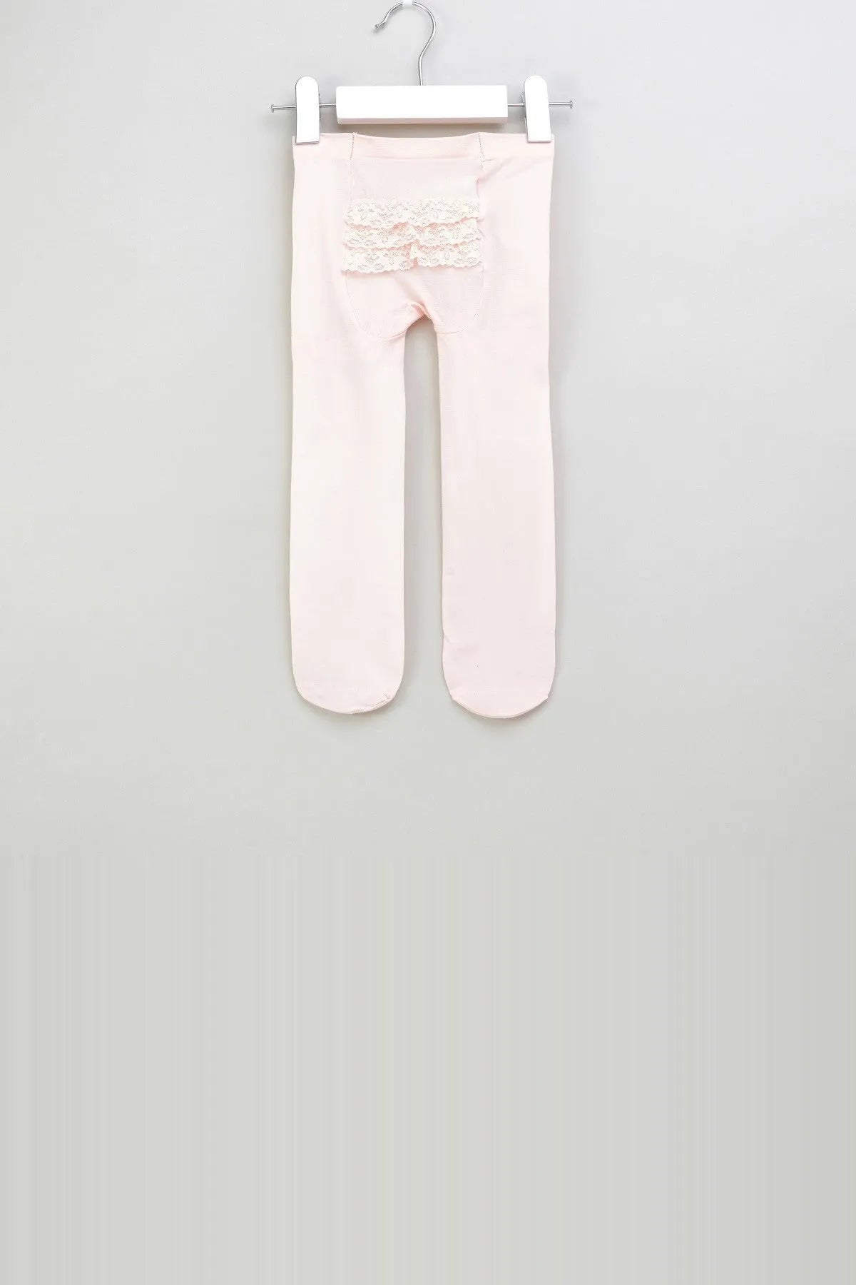 Pink baby tights with ruffled lace waistband and open crotch