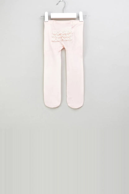 Pink baby tights with ruffled lace waistband and open crotch